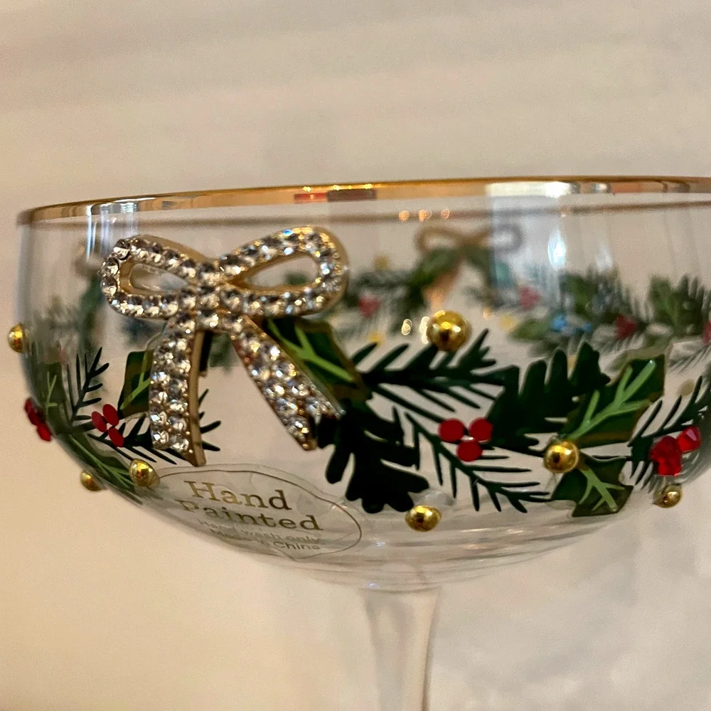 Christmas COUPE GLASSES Hand Painted & Jeweled Gold Bows Holly Garland Set of 2